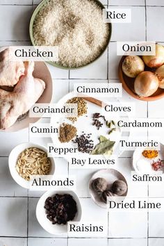 the ingredients to make chicken broth laid out on a white tile floor with their names