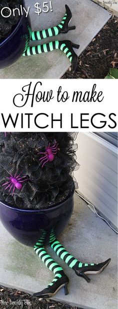 two pictures with the words how to make witch legs in black and green striped socks