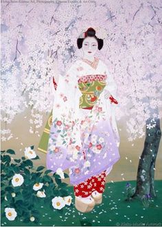 a painting of a woman standing in front of a tree with white flowers on it