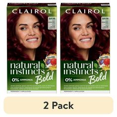 Shine brighter with bold red hair color with Clairol Natural Instincts Bold Permanent Hair Color Kit in BR36 Deep Burgundy Acai. This affordable at-home hair color kit provides up to 8 weeks worth of vivid permanent burgundy hair dye that gently provides glossy, bold coloreven on dark hair color. Intensely pigmented, the permanent red hair dye for dark hair works on many shades. Clairols most gentle permanent hair coloring kit yet, this dermatologically-tested ammonia free hair dye kit has nourishing ingredients like acai extract, guarana extract and argan oil, is safe for textured hair and will give you striking, glossy permanent burgundy hair color that lasts. The included Moisture Shine moisturizing hair mask conditions and protects hair between colorings for softer, shinier hair. Wheth Red Hair Dye For Dark Hair, Permanent Red Hair Dye, Dark Red Hair Dye, Burgundy Hair Dye, Clairol Hair Color, Dark Hair Dye, Clairol Natural, Clairol Natural Instincts, Moisturizing Hair Mask