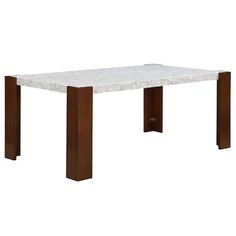 a white marble top table with wooden legs