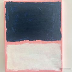 an abstract painting with blue, pink and white paint on it's canvases