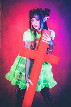 Neon green sheer dress by Gloomth (sizes S-6X on our site)! #gloomth #neongreen #neon #sheerdress #anime #altfashion #redcross #fashion #inspo #alt #longhair #gothic #cyber #futuristic #pvc #goth #gothfashion Original Clothes, Gothic Lolita