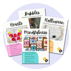 three booklets with the words bubbles, hearts, and halloween activities