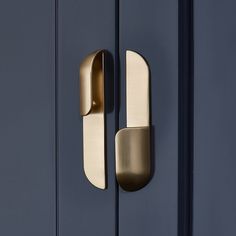 a close up of a door handle on a dark blue door with gold accents and an oval knob