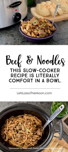 beef stew in a slow cooker with text overlay that reads beef stew this slow cooked recipe is literally comfort in a bowl