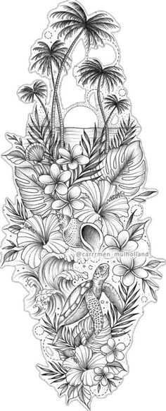 a black and white tattoo design with flowers, palm trees and birds on the beach