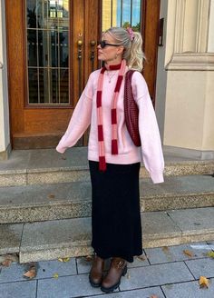 February Aesthetic Outfit, Pink Red Outfit Aesthetic, Winter Fits Scarf, Pink Skirt Outfit Fall, Pink Knitted Sweater Outfit, Cold Spring Outfits 2024, Winter Copenhagen Style, Colorful Fall Fashion, San Francisco Winter Outfit