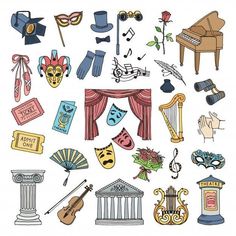 an assortment of musical instruments and masks on a white background