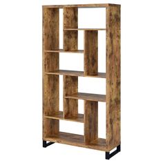 a wooden bookcase with four shelves on each side