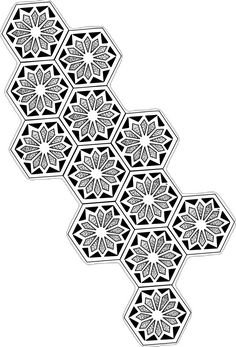 an intricate black and white pattern on a white background, with the shape of hexagonal