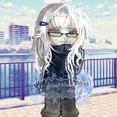 an anime character with long white hair and glasses standing in front of a body of water