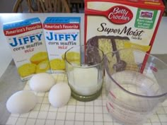 eggs, milk, and other ingredients on a counter