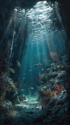 an underwater scene with fish swimming in the water and sunlight streaming through the water's surface