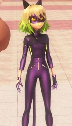 an animated character is standing in front of a person with green hair and purple catsuits