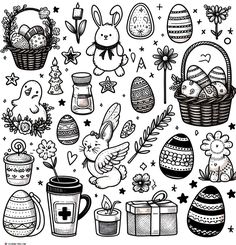 an easter coloring page with eggs, flowers and bunnies