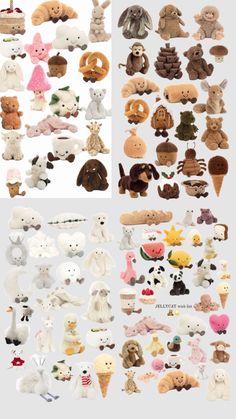 many different types of stuffed animals are shown in this image, and there is also a large amount of stuffed animals