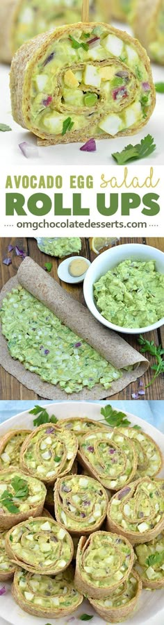 avocado egg salad roll ups on a white plate with the title above it