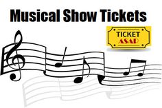 the musical show tickets are in front of a white background with black and yellow music notes