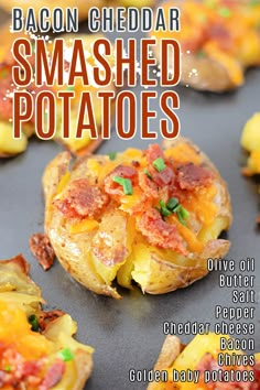 bacon cheddar smashed potatoes on a baking sheet with the title text overlay