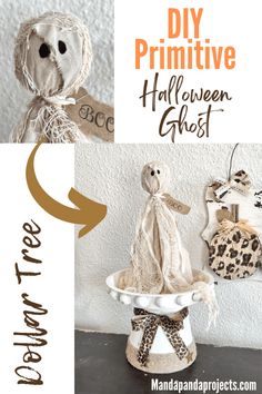 the diy primitive halloween ghost is on display