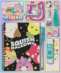 an assortment of stationery items including pens, markers and magnets