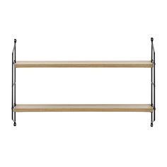 two wooden shelves with black metal legs and one shelf on each side, against a white background