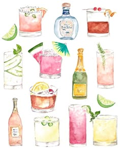 a watercolor painting of different types of drinks