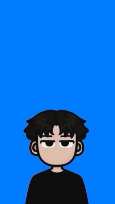 a cartoon character with black hair and eyes on a blue background, looking at the camera