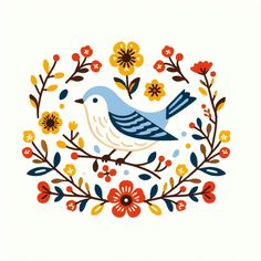 a blue bird sitting on top of a floral wreath