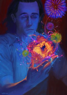 a painting of a man holding a bouquet of flowers with fireworks coming out of it