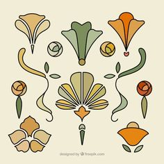 various flowers and leaves are arranged in the shape of an abstract flower arrangement on a white background