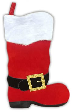 a red and white christmas boot with a gold buckle