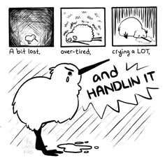 an image of a kiwi in the rain with caption that says, and handin't