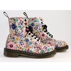 ~New (No Box - Boots Have Been Sitting In Storage, So Are Not In Absolute Pristine Condition - Have Some Light Creasing) Dr Martens Pascal Wl Wanderlust Bone + Mallow Pink Leather Boots ~Size Is 7 ~A Rare Find - Especially New! ~These Gorgeous Boots Feature Leather Uppers With A Pretty Floral Print In Shades Of Pink, Blue, Purple, Yellow, Orange & Green On A Creamy White Background ~No Trades The Pascal 8-Eye Boot Is Constructed From A Full-Grain Leather That Balances Looks And Durability. Built White Floral Print Round Toe Boots, Pink Leather Boots, Pascal Dr Martens, Pink And Black Doc Martens, Flowery Doc Martens, Multicolor Embroidered Leather Boots, Dr Martens Pascal, Dr Martens Floral Boots, White Combat Boots