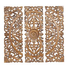 an intricately carved wooden panel with four panels on each side and one panel in the middle