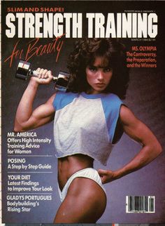 a magazine cover with a woman holding a barbell in her right hand and the title, strength training an beauty