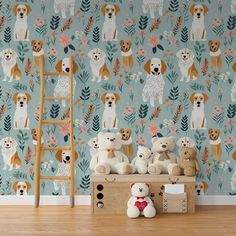 there is a wallpaper with dogs and flowers in the room, along with two teddy bears