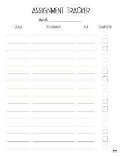 a printable assignment tracker for students to use in their classroom or home office, with the