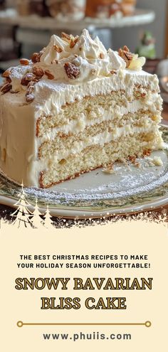 The Snowy Bavarian Bliss Cake is a delightful dessert that combines the lightness of a white cake with a rich and creamy frosting filled with sweetened coconut and crunchy pecans. This cake is perfect for celebrations, gatherings, or simply as a treat to indulge yourself. The combination of flavors and textures creates a blissful experience that will leave your taste buds dancing with joy. Snow Angel Cake, Snowy Barbarian Bliss Cake, Bavarian Bliss Cake Recipe, Best Holiday Cakes, Coconut Christmas Cake, Bavarian Bliss Cake, White Christmas Cakes, Coconut Cloud Cake, Christmas Coconut Cake