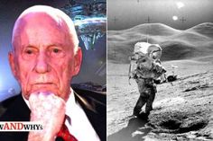 an old man with a backpack on the moon next to a photo of himself in space