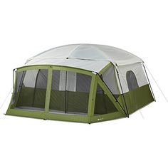 a green and white tent with the door open to it's outside side, in front of a white background