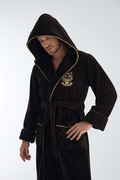 Our product is produced from special blend 100% Organic Turkish Cotton and bamboo, feels so soft and luxurious Robe has a large hood It has rich dark brown color with gold trim and lion embroidery High quality standards. Available sizes; -Large/Xlarge, -2Xlarge -3Xlarge You may order luxurious gift boxes together with your purchases for your loved ones. The link for a beautiful gift box is below; https://www.etsy.com/listing/916109929/luxurious-gift-boxes?ref=shop_home_active_1&frs=1 Men’s Hooded Robe, Mens Bathrobes Luxury, Mens Robes, Lion Embroidery, Black Nightgown, Luxury Robes, Luxury Sleepwear, Bath Robes, Bathrobe Men