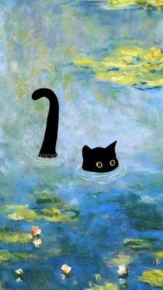 a painting of a black cat swimming in water with lily pads on the bottom and an upside down image of it's head