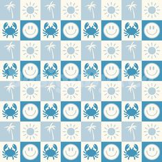 a blue and white crab pattern with palm trees