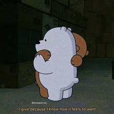 a cartoon bear is standing in the middle of a room with boxes on the floor