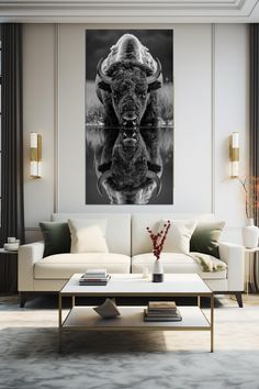 a black and white photo of a bull in a living room