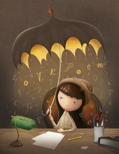 Poetry Rain by Sergio De Giorgi Rain Illustration, Girls Cartoon Art