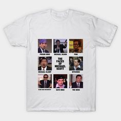 a white t - shirt with pictures of men in suits and ties