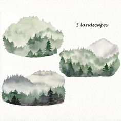 three watercolor landscapes with trees and clouds